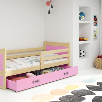 Kinderbett mit Stauraum ohne Matratze 80x190 FERGUS – Kiefer / Rosa