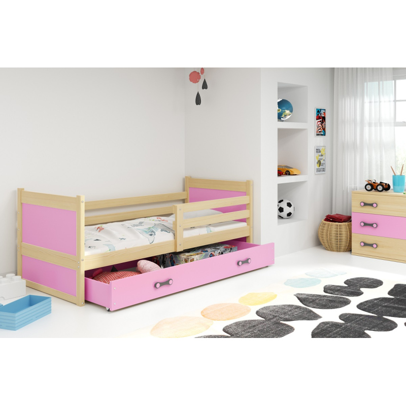 Kinderbett mit Stauraum ohne Matratze 80x190 FERGUS – Kiefer / Rosa