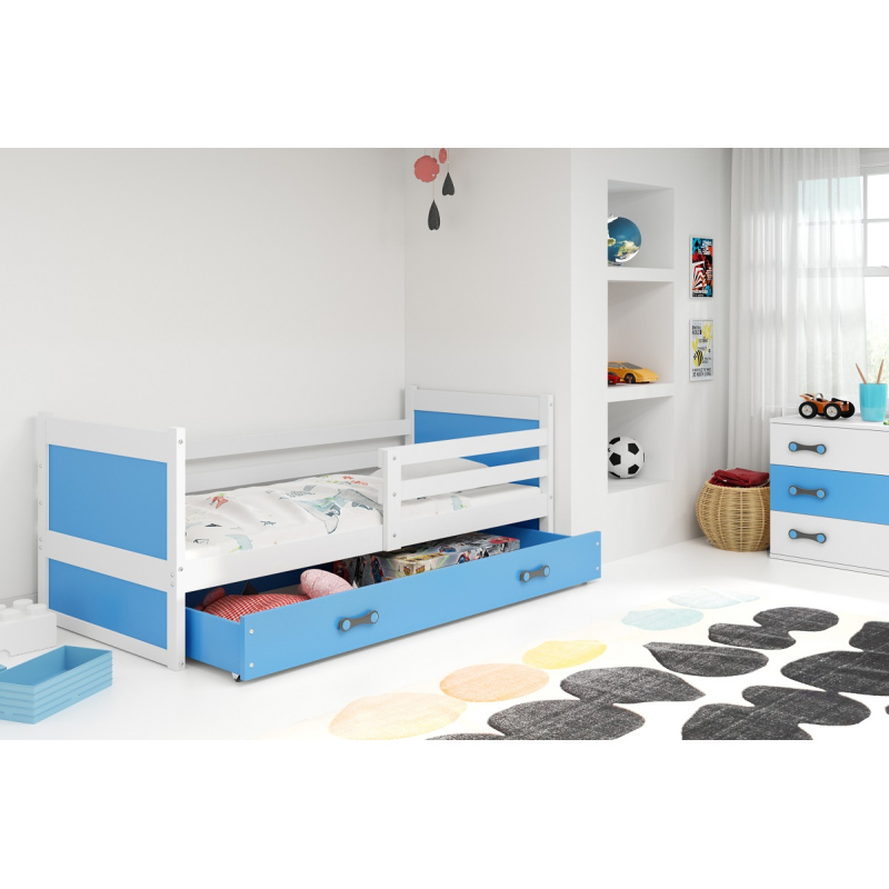 Kinderbett mit Stauraum mit Matratze 80x190 FERGUS – Weiß / Blau