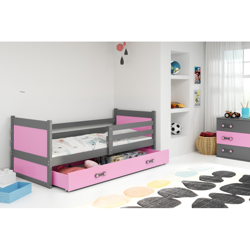 Kinderbett mit Stauraum mit Matratze 80x190 FERGUS – Graphit / Rosa