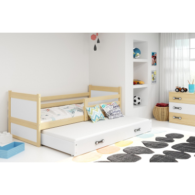 Kinderbett mit Zustellbett und Matratzen 90x200 FERGUS – Kiefer / Weiß