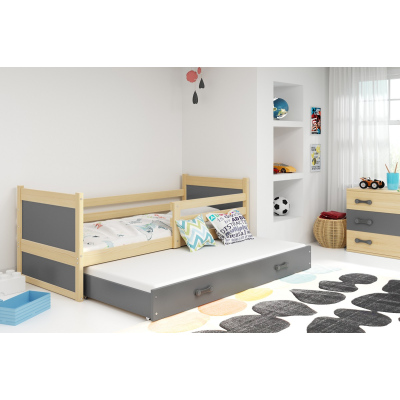 Kinderbett mit Zustellbett und Matratzen 90x200 FERGUS – Kiefer / Graphit