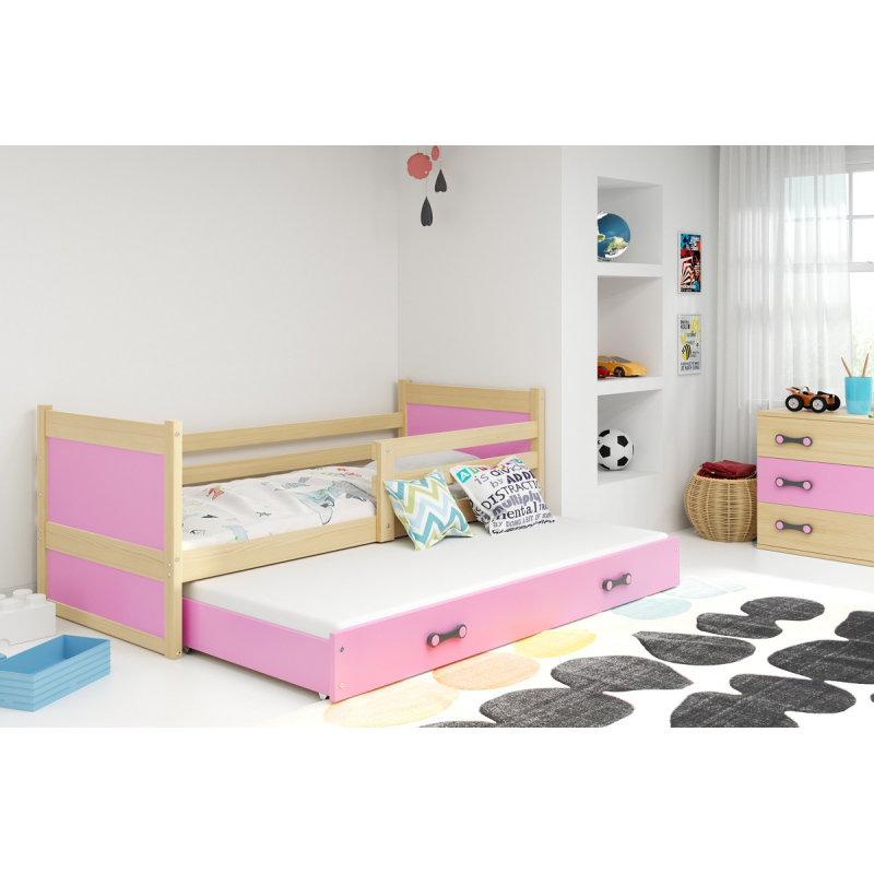 Kinderbett mit Zustellbett ohne Matratzen 80x190 FERGUS – Kiefer / Rosa