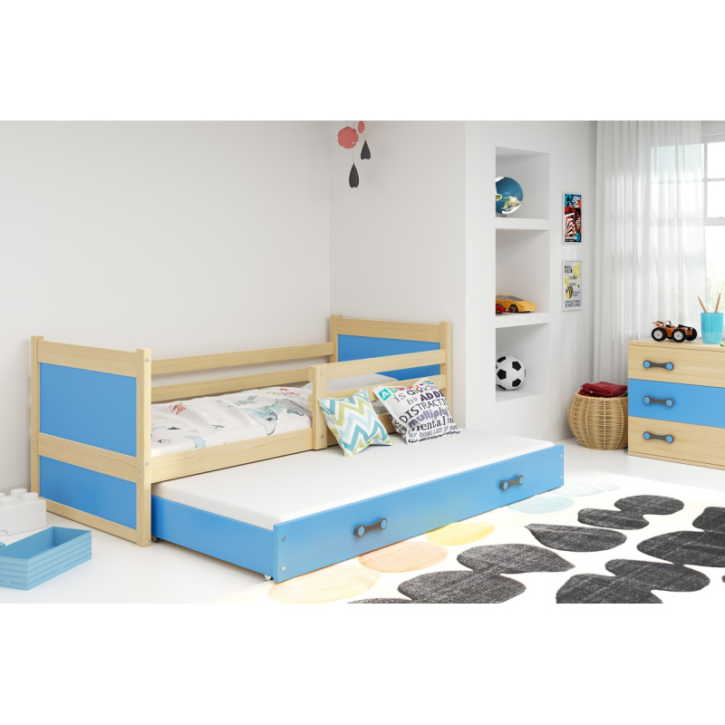 Kinderbett mit Zustellbett ohne Matratzen 80x190 FERGUS – Kiefer / Blau