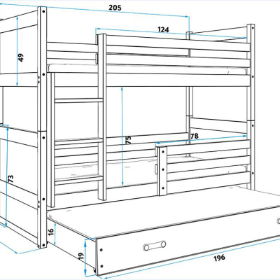 Kinderhochbett mit Zustellbett und Matratzen 90x200 FERGUS – Kiefer / Weiß