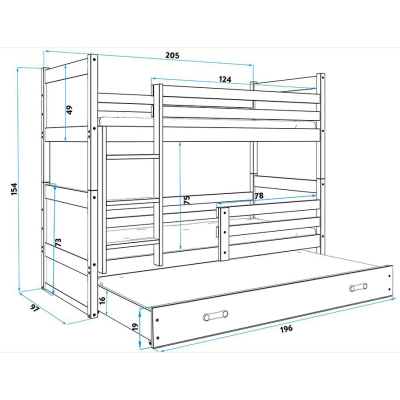 Kinderhochbett mit Zustellbett und Matratzen 90x200 FERGUS – Kiefer / Weiß