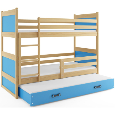 Kinderhochbett mit Zustellbett ohne Matratzen 80x190 FERGUS – Kiefer / Blau