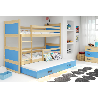 Kinderhochbett mit Zustellbett ohne Matratzen 80x190 FERGUS – Kiefer / Blau