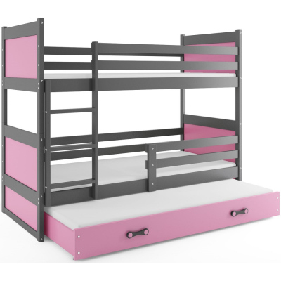 Kinderhochbett mit Zustellbett ohne Matratzen 80x190 FERGUS – Graphit / Rosa