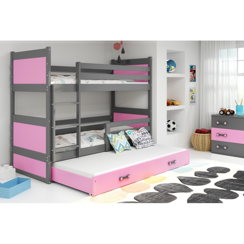 Kinderhochbett mit Zustellbett ohne Matratzen 80x190 FERGUS – Graphit / Rosa