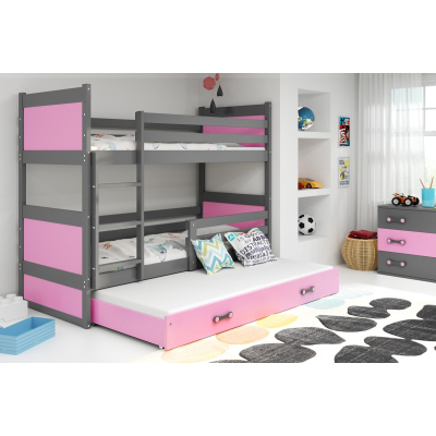 Kinderhochbett mit Zustellbett ohne Matratzen 80x190 FERGUS – Graphit / Rosa