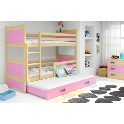 Kinderhochbett mit Zustellbett ohne Matratzen 80x160 FERGUS – Kiefer / Rosa