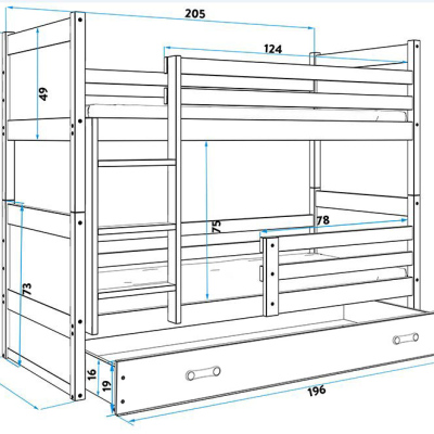 Kinderhochbett mit Stauraum und Matratzen 90x200 FERGUS – Kiefer / Weiß