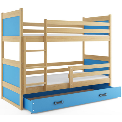 Kinderhochbett mit Stauraum und Matratzen 80x190 FERGUS – Kiefer / Blau