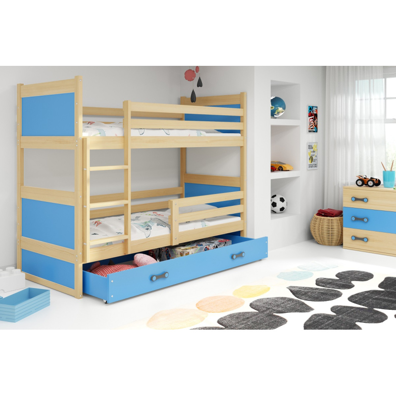 Kinderhochbett mit Stauraum ohne Matratze 80x190 FERGUS – Kiefer / Blau