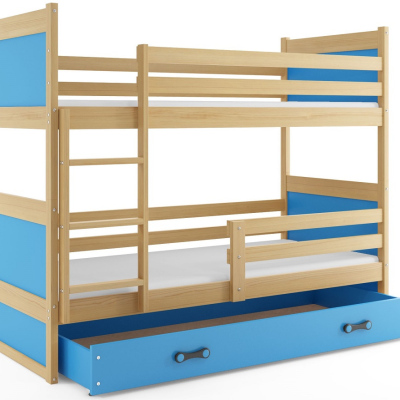 Kinderhochbett mit Stauraum ohne Matratze 80x190 FERGUS – Kiefer / Blau