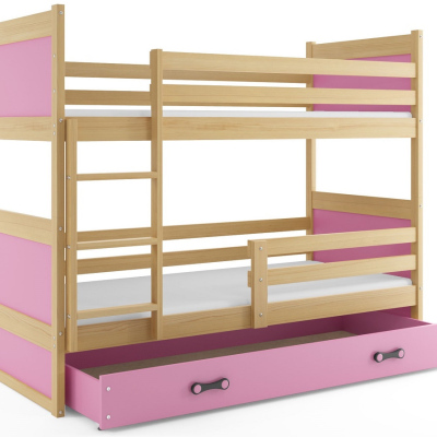 Kinderhochbett mit Stauraum und Matratzen 80x160 FERGUS – Kiefer / Rosa