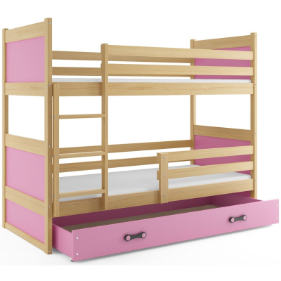 Kinderhochbett mit Stauraum und Matratzen 80x160 FERGUS – Kiefer / Rosa