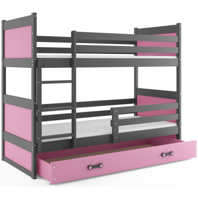 Kinderhochbett mit Stauraum und Matratzen 80x160 FERGUS – Graphit / Rosa