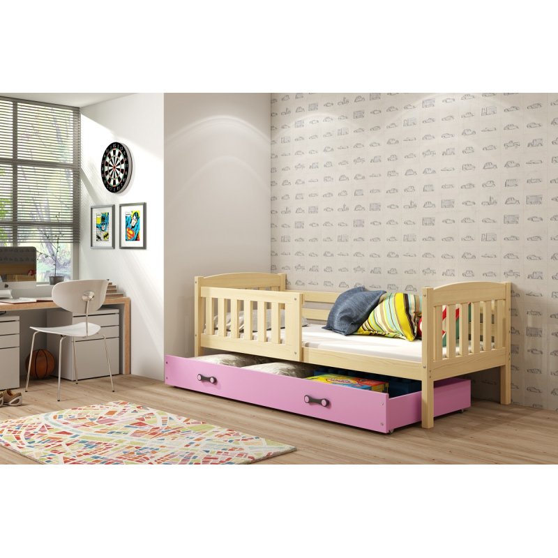 Kinderbett mit Stauraum ohne Matratze 80x190 BRIGID – Kiefer / Rosa