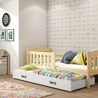 Kinderbett mit Zustellbett und Matratzen 90x200 BRIGID – Kiefer / Weiß