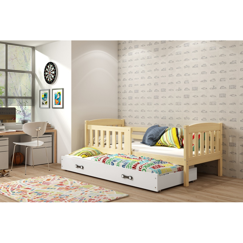 Kinderbett mit Zustellbett und Matratzen 90x200 BRIGID – Kiefer / Weiß