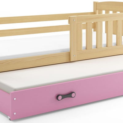 Kinderbett mit Zustellbett und Matratzen 80x190 BRIGID – Kiefer / Rosa