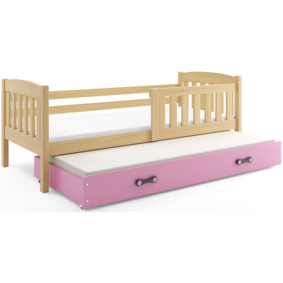 Kinderbett mit Zustellbett und Matratzen 80x190 BRIGID – Kiefer / Rosa