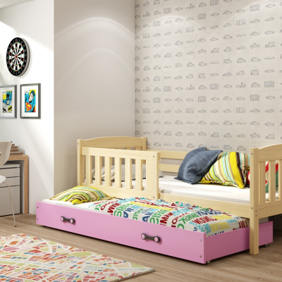 Kinderbett mit Zustellbett und Matratzen 80x190 BRIGID – Kiefer / Rosa