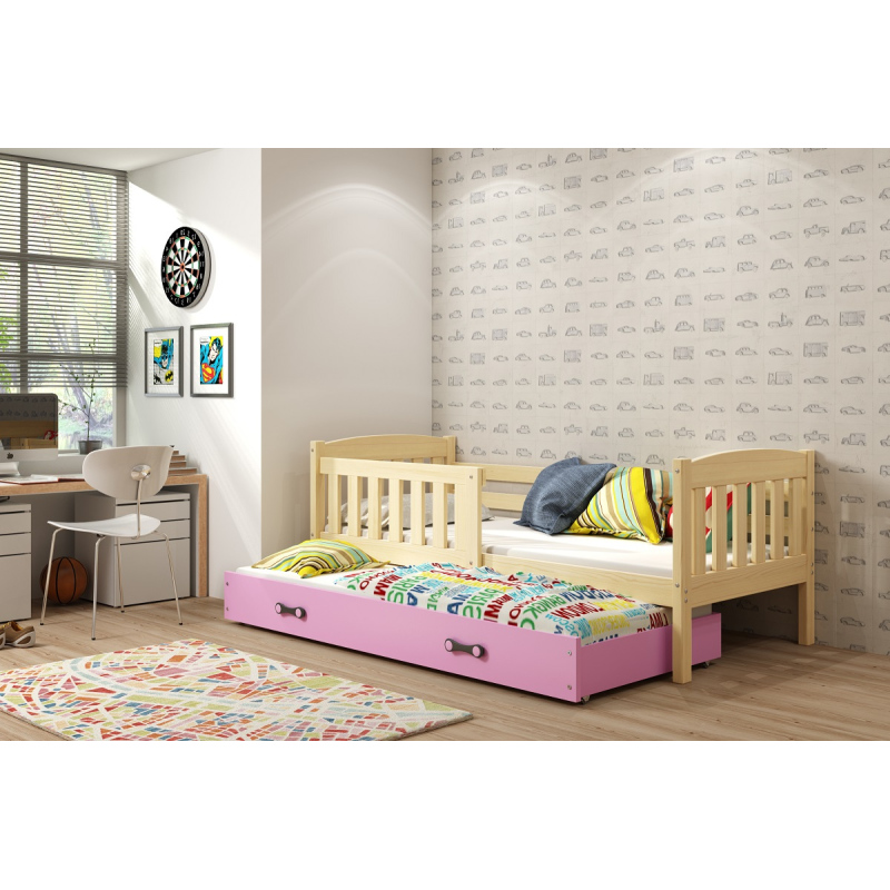 Kinderbett mit Zustellbett und Matratzen 80x190 BRIGID – Kiefer / Rosa