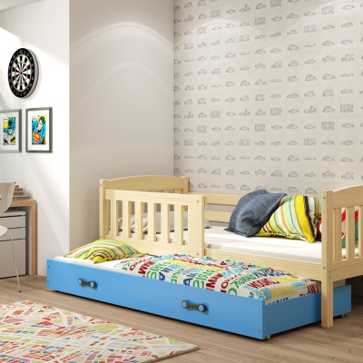 Kinderbett mit Zustellbett und Matratzen 80x190 BRIGID – Kiefer / Blau