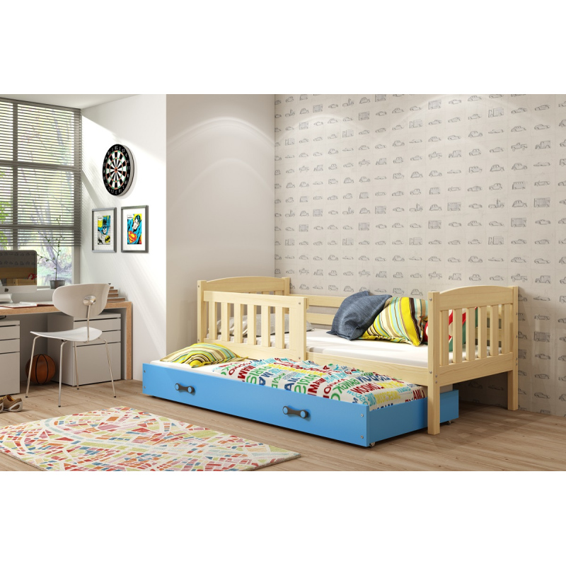 Kinderbett mit Zustellbett ohne Matratzen 80x190 BRIGID – Kiefer / Blau