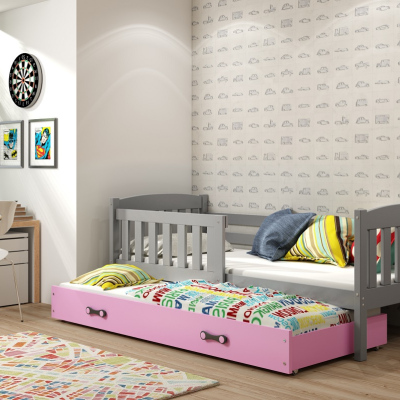 Kinderbett mit Zustellbett und Matratzen 80x190 BRIGID – Graphit / Rosa