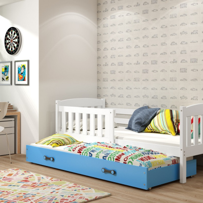 Kinderbett mit Zustellbett und Matratzen 80x190 BRIGID – Weiß / Blau