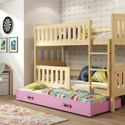 Kinderhochbett mit Zustellbett und Matratzen 80x190 BRIGID – Kiefer / Rosa