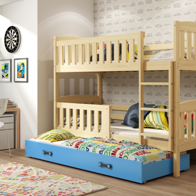 Kinderhochbett mit Zustellbett und Matratzen 80x190 BRIGID – Kiefer / Blau