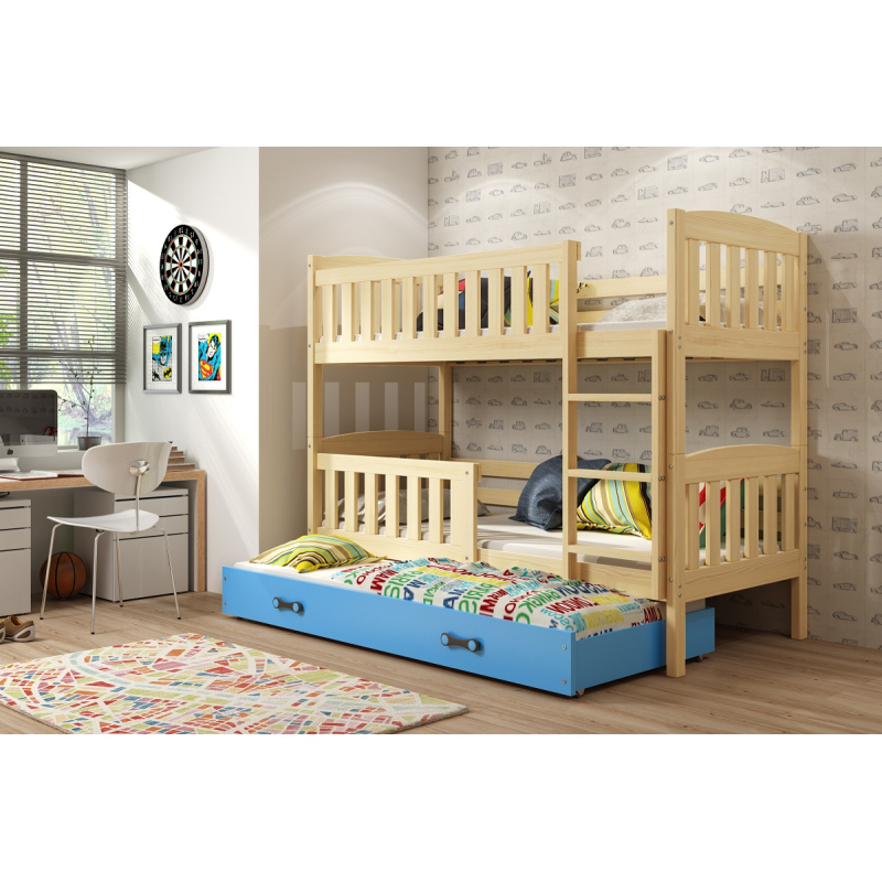 Kinderhochbett mit Zustellbett und Matratzen 80x190 BRIGID – Kiefer / Blau