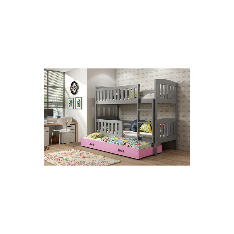 Kinderhochbett mit Zustellbett ohne Matratzen 80x190 BRIGID – Graphit / Rosa