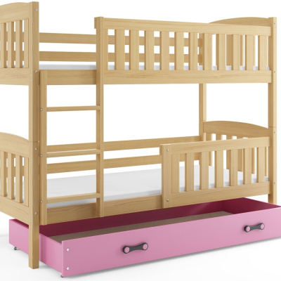 Kinderhochbett mit Stauraum und Matratzen 80x190 BRIGID – Kiefer / Rosa