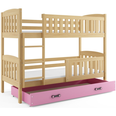 Kinderhochbett mit Stauraum und Matratzen 80x190 BRIGID – Kiefer / Rosa