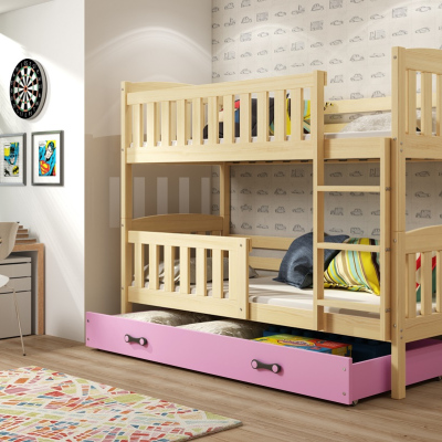 Kinderhochbett mit Stauraum und Matratzen 80x190 BRIGID – Kiefer / Rosa