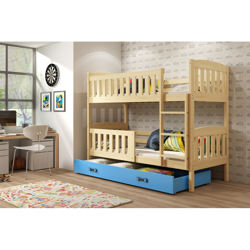 Kinderhochbett mit Stauraum und Matratzen 80x190 BRIGID – Kiefer / Blau