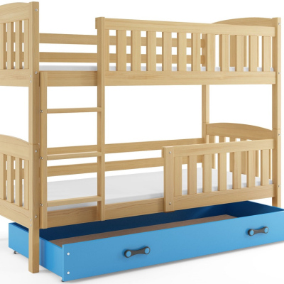 Kinderhochbett mit Stauraum und Matratzen 80x190 BRIGID – Kiefer / Blau