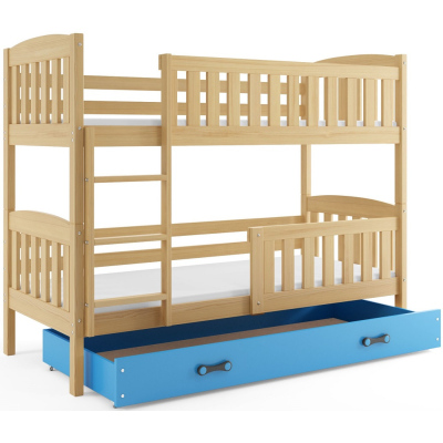 Kinderhochbett mit Stauraum und Matratzen 80x190 BRIGID – Kiefer / Blau