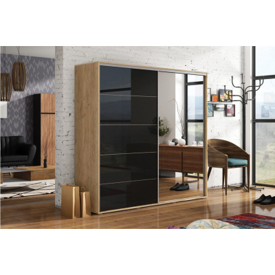 Kleiderschrank mit Spiegel 125/215 EDUARDO – Eiche Craft gold / schwarz glänzend