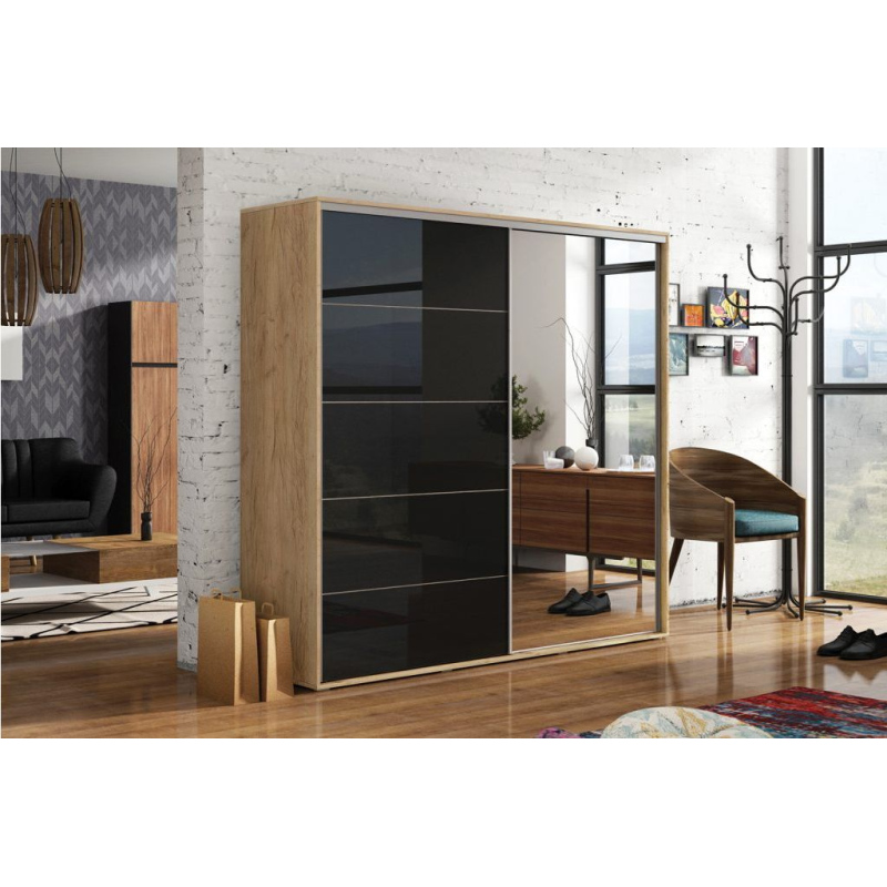 Kleiderschrank mit Spiegel 150/215 EDUARDO – Eiche Craft Gold / schwarz glänzend