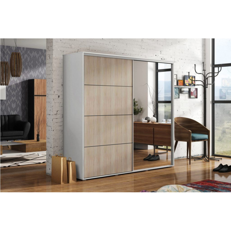 Geräumiger Kleiderschrank mit Spiegel 125/245 ENRIQUE – Weiß / Eiche Sonoma