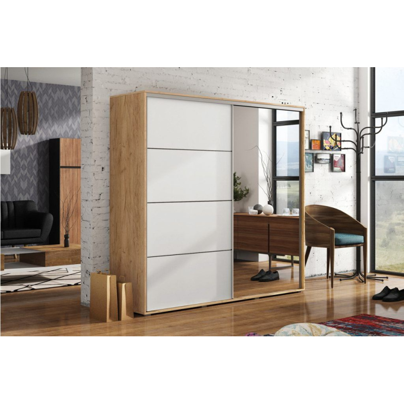 Geräumiger Kleiderschrank mit Spiegel 100/215 ENRIQUE – Eiche Craft Gold / Weiß