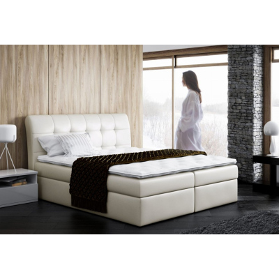 Boxspring gepolstertes Bett SARA beiges Öko-Leder 160 + gratis Topper