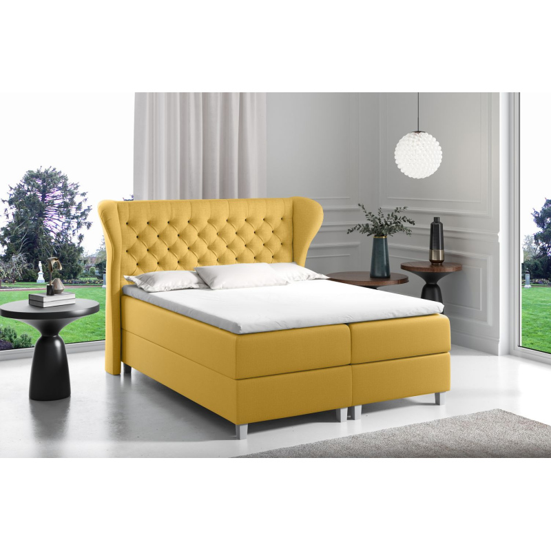 Boxspringbett mit gestepptem Kopfteil 120x200 JUTTA – Gelb + GRATIS Topper